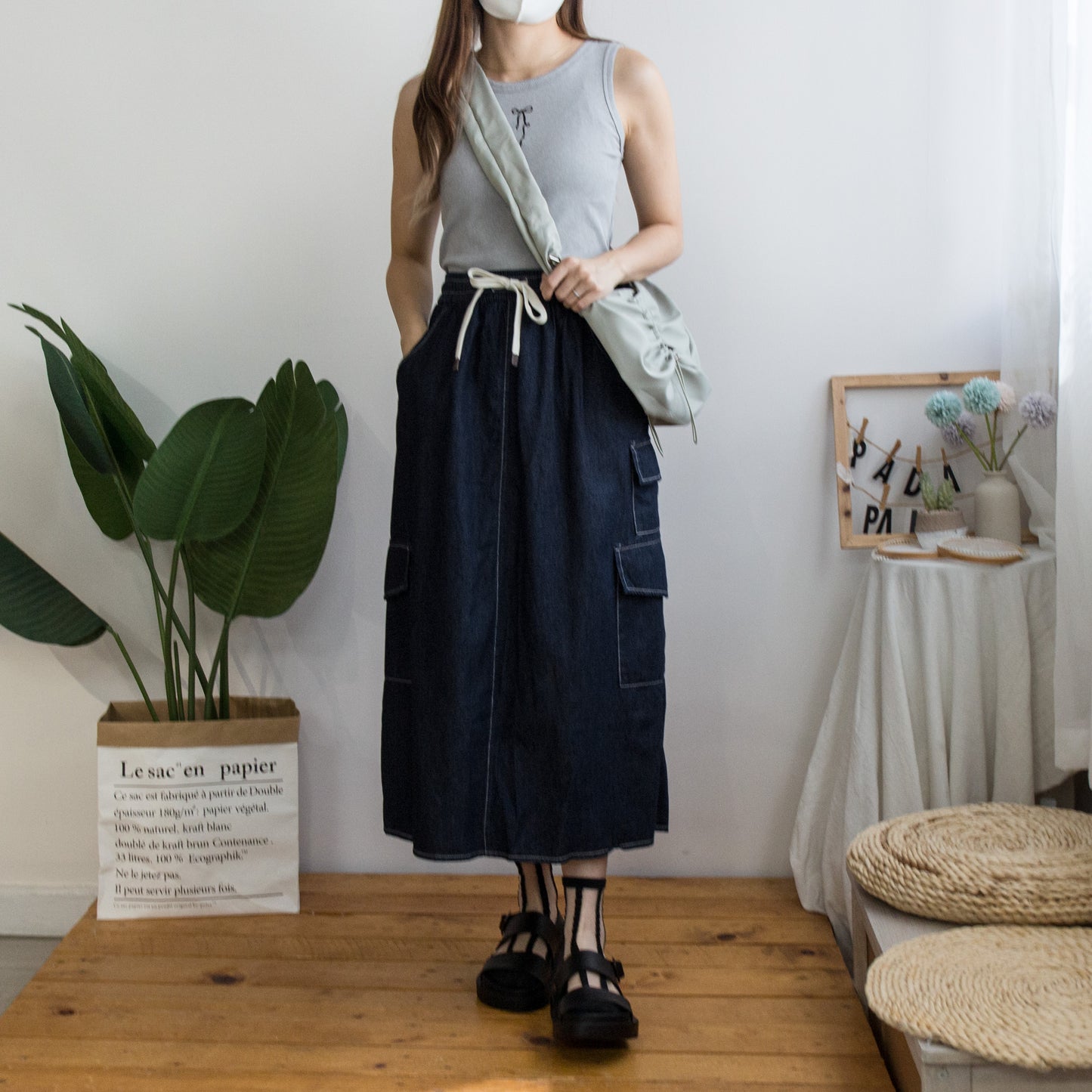 Elastic waist workwear denim skirt (two colors)