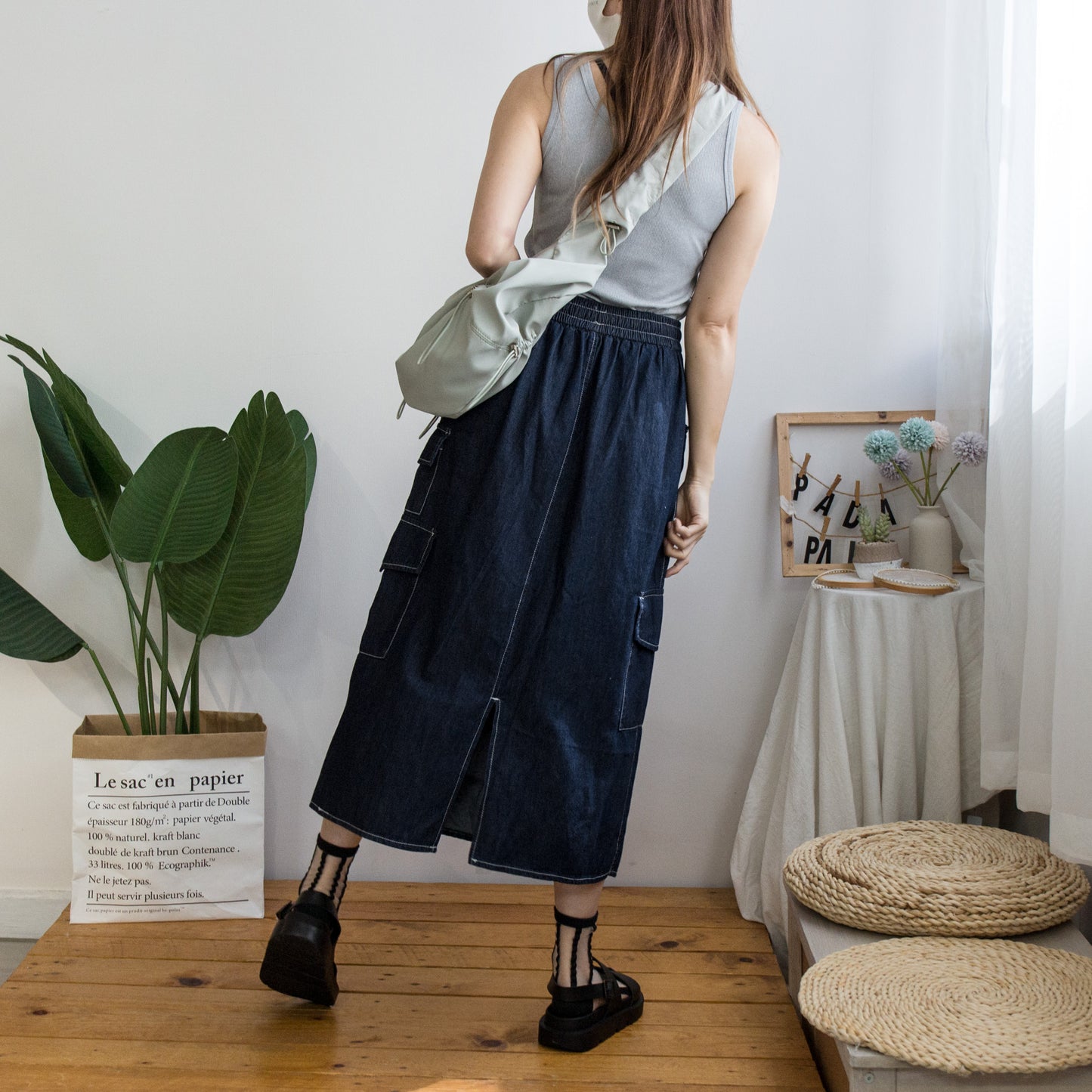 Elastic waist workwear denim skirt (two colors)