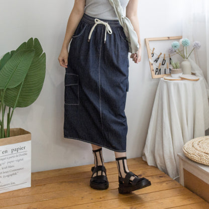 Elastic waist workwear denim skirt (two colors)