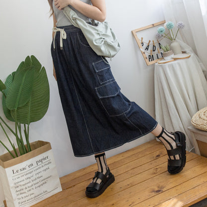 Elastic waist workwear denim skirt (two colors)