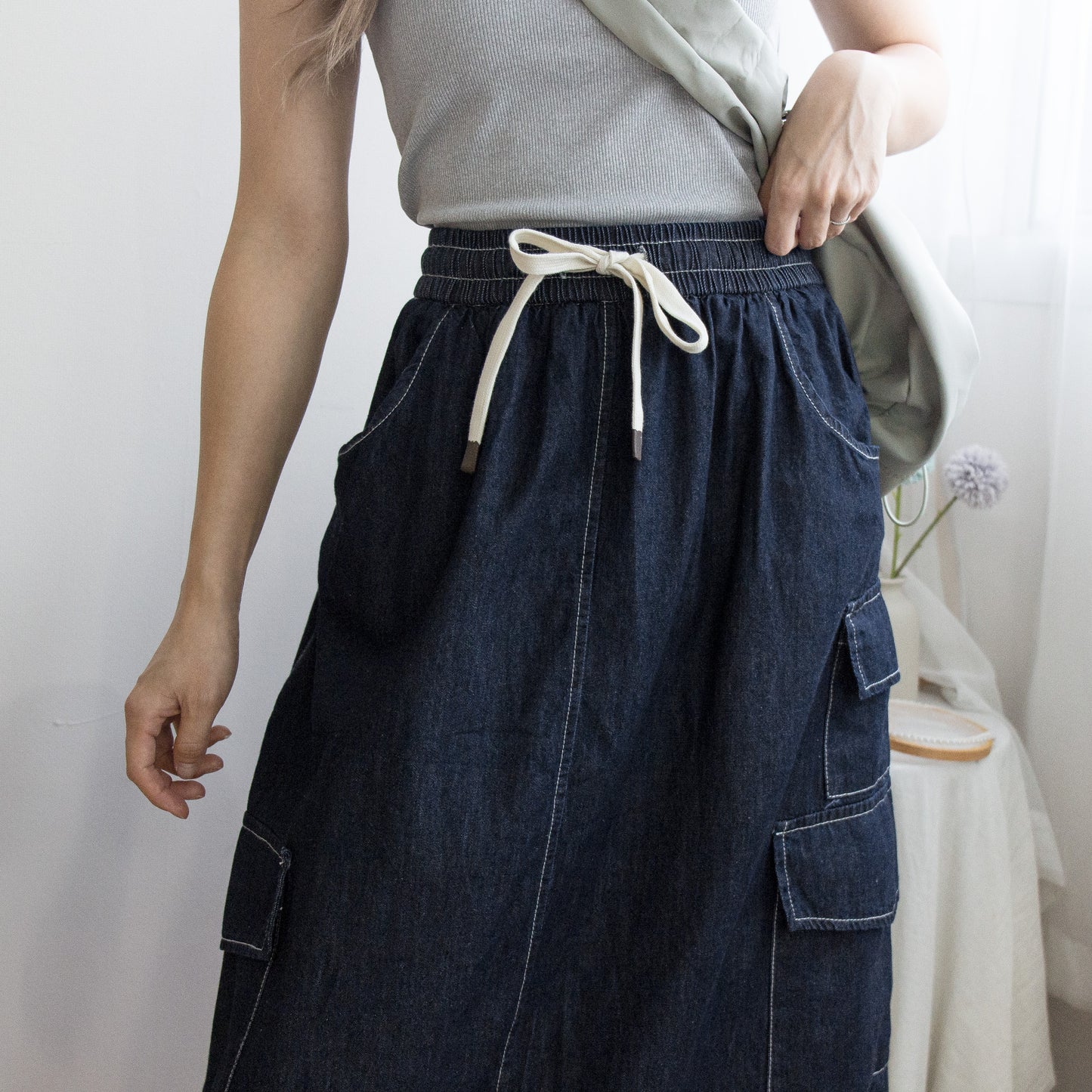 Elastic waist workwear denim skirt (two colors)