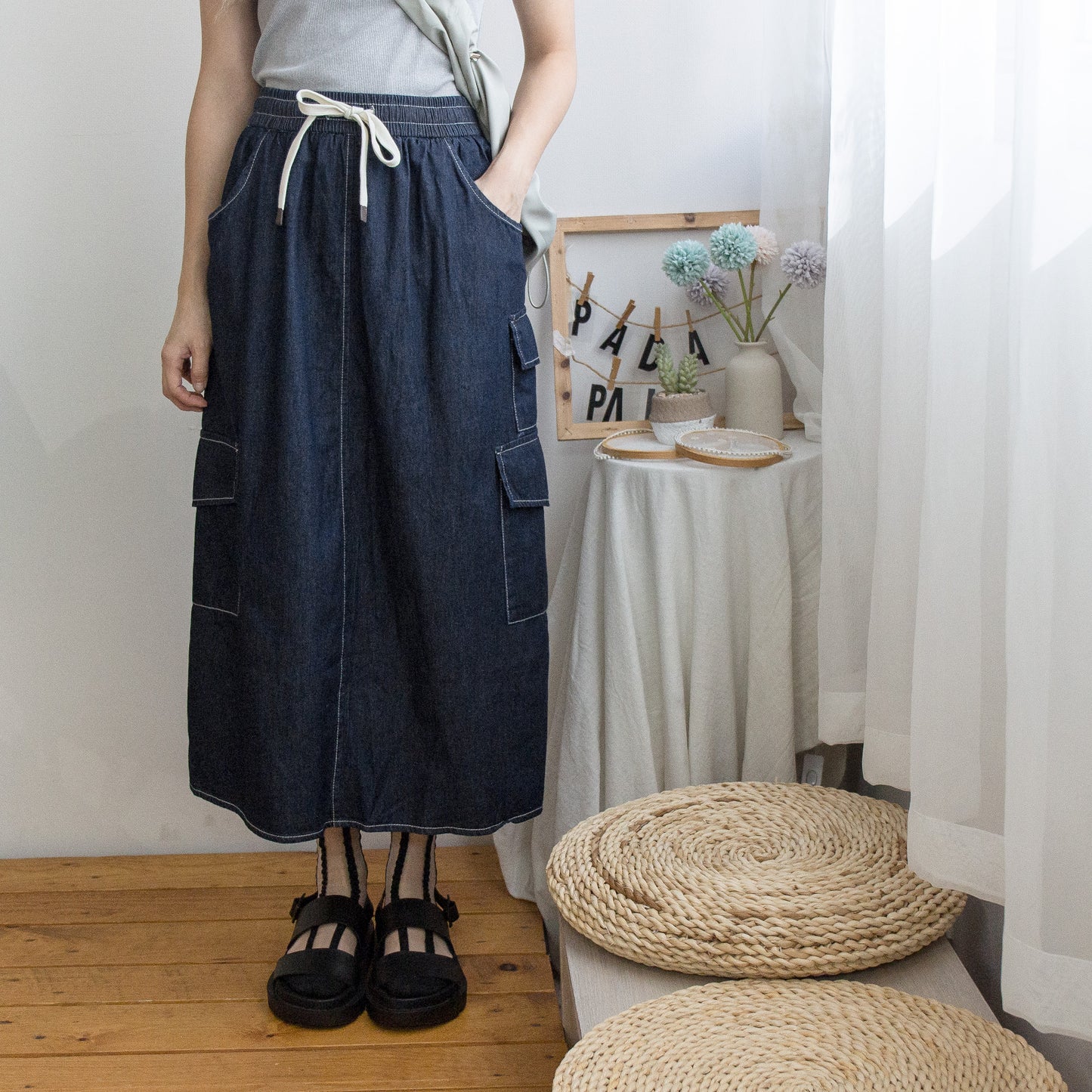 Elastic waist workwear denim skirt (two colors)