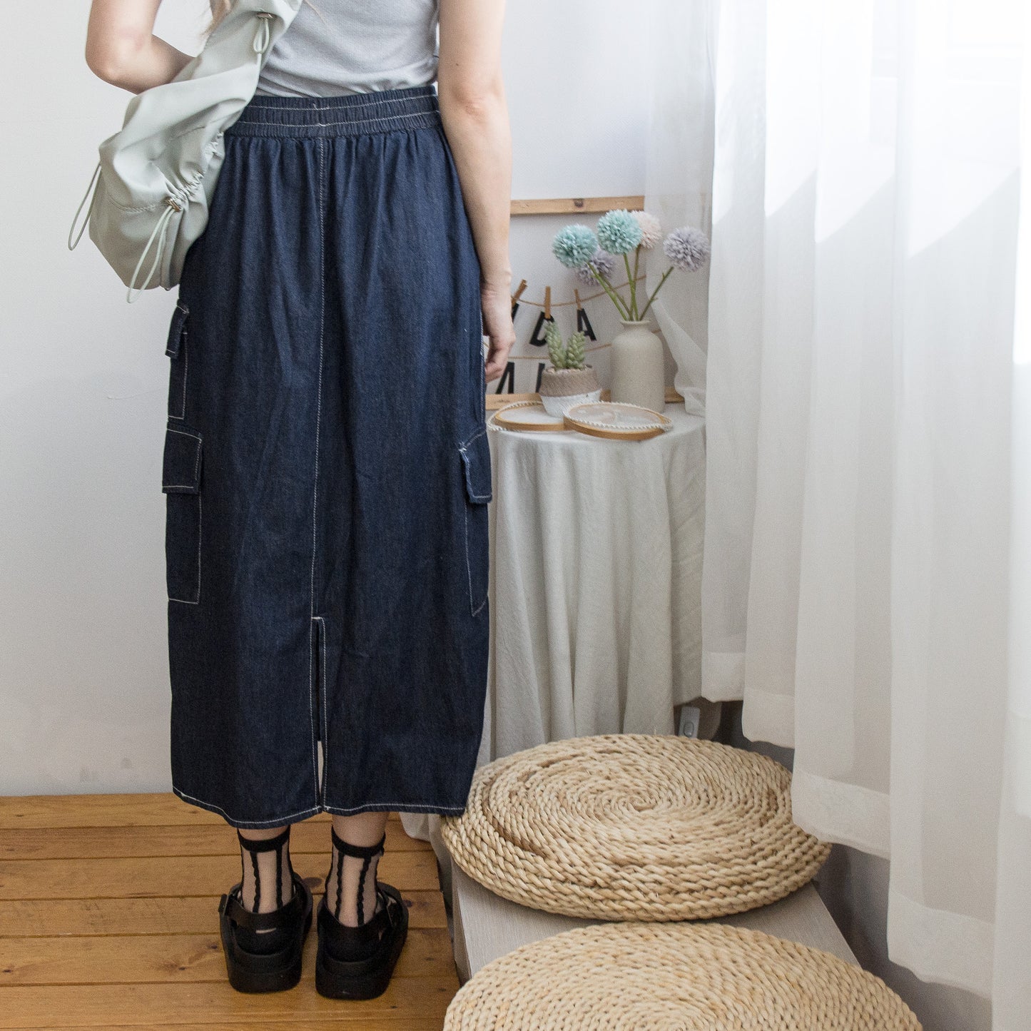 Elastic waist workwear denim skirt (two colors)