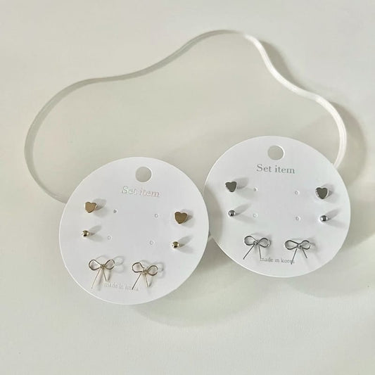 [Direct delivery from Korea] Three Pairs of Bow Earrings with Hearts SET (Two Colors)