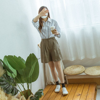 純色單鈕亞麻短褲 (兩色)