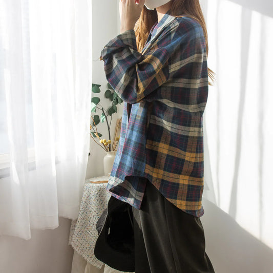 Reverse collar contrast pocket plaid shirt