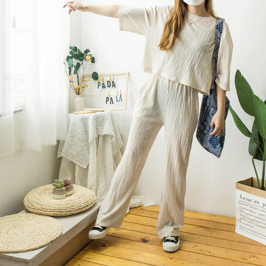 Solid color straight-grained trousers two-piece set [KR]